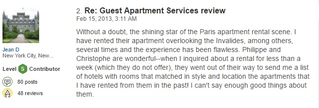 Paris reviews Guest Apartment luxury rental